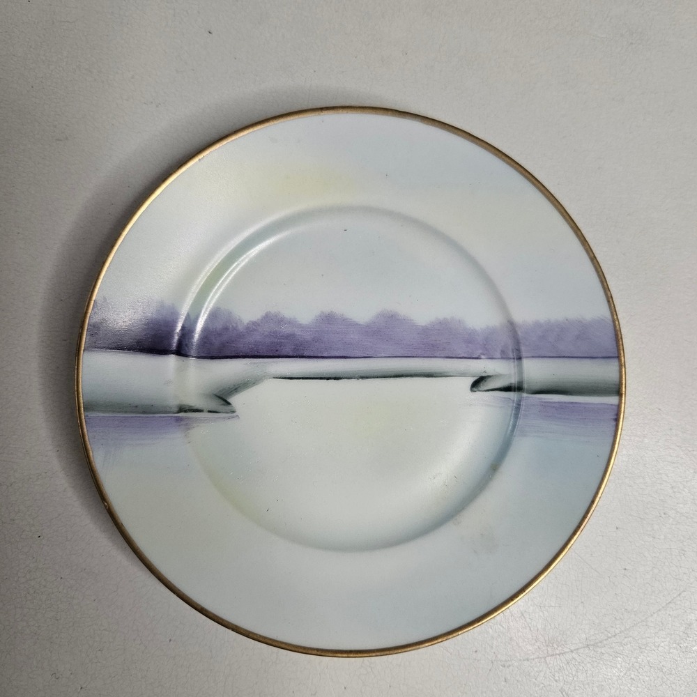 Meito China Hand Painted Landscape Bread Plate Purple Gold Trim Made in‎ Japan